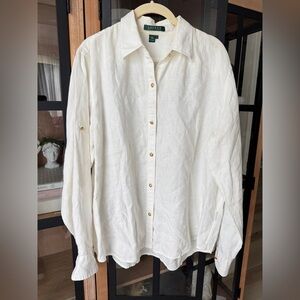 Vintage Ralph Lauren linen button down shirt embroidered monogram logo collar